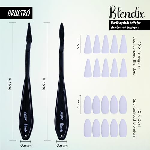 Image of BRUSTRO Blendix Flexible Spongehead Soft Palette Knives | Set of 2 Ergonomic Handles with 10 Triangular & 10 Oval Sponge Blender | Ideal for Blending, Smudging With Graphite, Charcoal, Pastels, Pigment powder etc