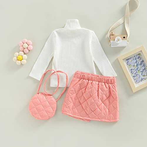 Toddler Baby Girl Clothes Set Ribbed Knitted Tops T-Shirtirrgular Hem Short Skirts Outfits With Shoulder Bag (Z# 3Pcs - White Pink, 1-2 Years) #TOP5