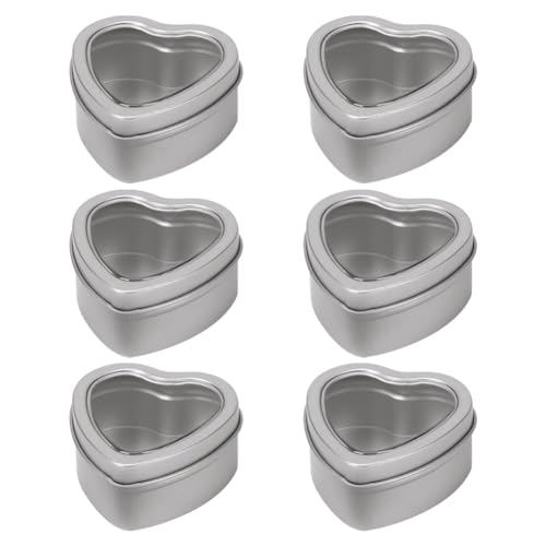 ccHuDE 6 Pcs Empty Heart Shaped Boxes Metal Tin Containers Small Candle Jars Valentine's Day Heart Tins with Clear Window for Wedding Gifts Party Favors