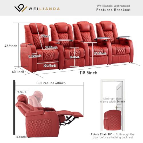 Image of Weilianda Home Theater Seating, Top Grain Leather Movie Theater Chair | Red Row of 4, Zero Gravity, Power Headrest, Tray Table, Electric Reclining Seat for Media Room