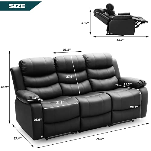 Mellcom Pu Leather Reclining Sofa, Upholstered Sofa Recliner Chair, Manual Reclining Home Theater Seating, Arm Chair For Living Room Reading Room Bedroom, Black, Three Seat #TOP2
