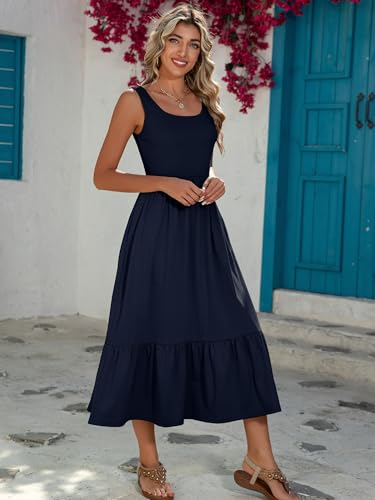 Image of HDLTE Women Summer Dresses 2025 Square Neck Tiered Tank Long Maxi Casual Sundress with Pockets