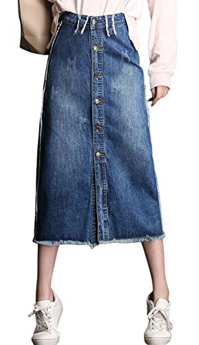 chouyatou Women's Retro High Waist Front Button A-Line Midi Ripped Denim Skirt (Medium, Blue)