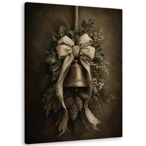 TLESKE Dark Moody Winter Christmas Bell Bow Canvas Wall Art Decor 11x14