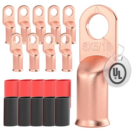 AIRIC 10 PCS UL Listed 6 AWG - 5/16" Battery Cable Lugs, Heat Shrink Ring Terminals End, Copper Cable Ends, Wiring Connector Terminal, Electrical Crimp Connectors, Wire Lug for 6 Gauge Wires