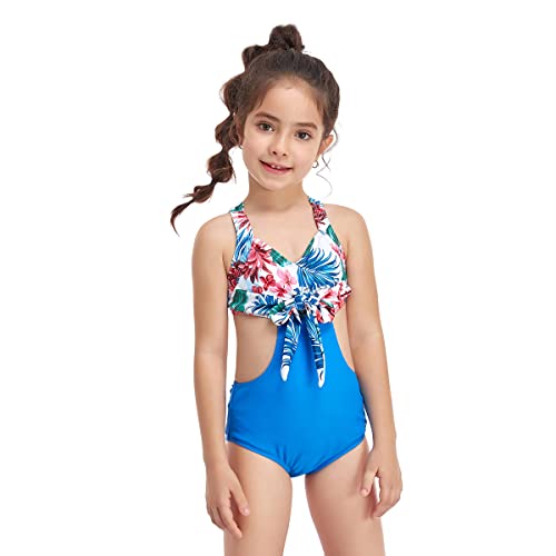 Maiô feminino com estampa floral e laço frontal, Azul, 10-12 Years