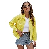 LONGBIDA Women's Jean Jacket Frayed Washed Button Up Cropped Denim Jacket With Pockets(Yellow,S)