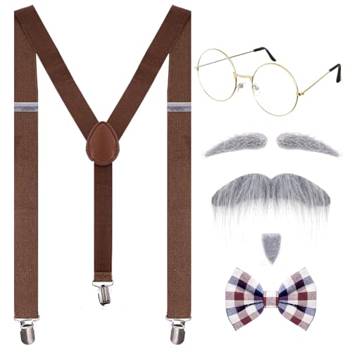 cnomg 5 PCS Old Man Costume 100 Day of School Grandpa Costume Bow Tie Mustache Glasses Suspenders for 1920s Grandpa Dress Up