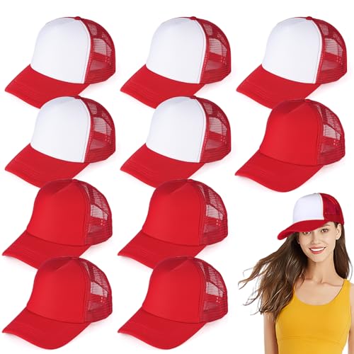 10 PCS Sublimation Blank Trucker Hats Red, Plain Trucker Cap Foam Front High Crown Mesh Back Trucker Hat, DIY Custom Baseball Caps Bulk Adjustable Snapback for Men Women