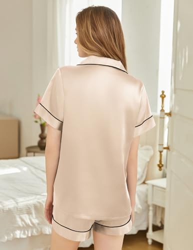 Image of Silk Pajamas for Women Short Sleeve Sleepwear Soft Button Down Loungewear 2 Piece Satin Pjs Shorts Set S-XXL
