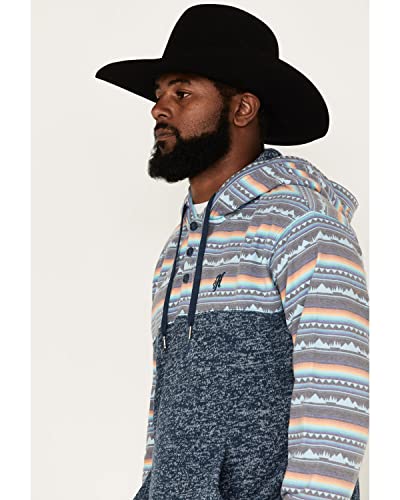HOOEY Men's Southwestern Print Landscape 1/4 Button Hooded Pullover Navy XX- US2
