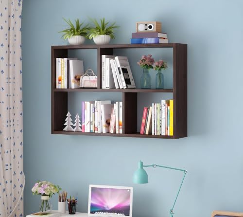 Image of RUNNUP Floating Wall Mount Bookcase Engineered Wood Book Shelf Decor Wall Shelf for Study Room Office Living Room, White 31.5 inch L x 7.9 inch W x 25.6 inch H (Brown)