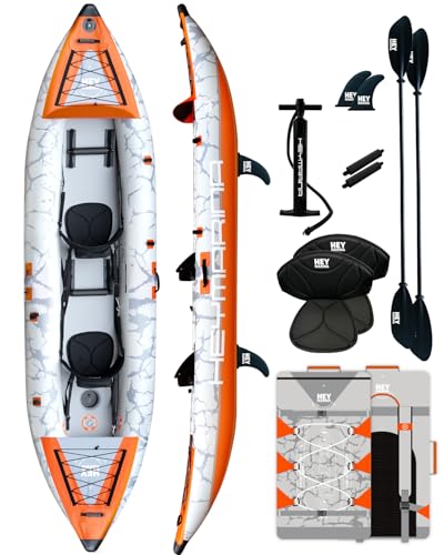 2 Person Inflatable Kayak Tandem Fishing Kayak for Adults, Portable Touring Kayak Canoe with Dual Floats and Drop-Stitch Floor, Seats, Pump, Paddles & Backpack, 12.5 FT