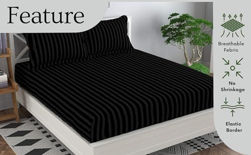 Image of Cotton Feel Glace Cotton Elastic Fitted Printed King Size Double Bed Bedsheet with 2 Pillow Cover(72 inchx78 inch, Stirped Blackt)