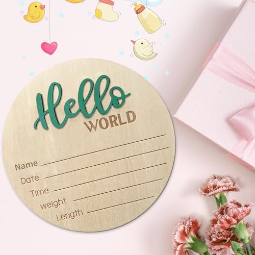 Image of Baby Announcement Sign, 5.9 Inch Wooden Hello World Newborn Sign, Birth Announcement, Baby Shower Hospital Nursery for Newborn Boys and Girls (Green)