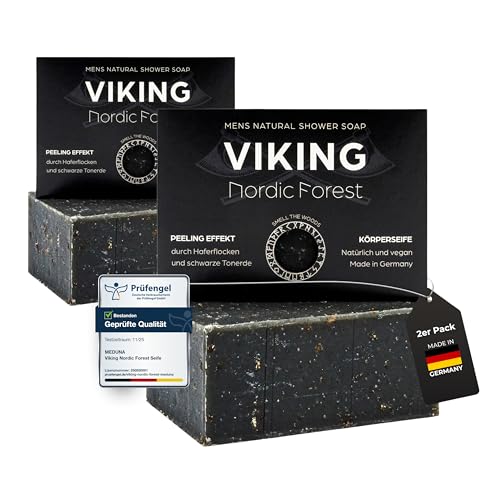 MEDUNA Peeling-Seife Viking Nordic Forest 2x100g - feste Naturseife - Handmade Soap - vegane Pflegeseife - Körperseife für alle Hauttypen - Bio-Kokosöl & Shea Butter Männerpflege - Made in Germany