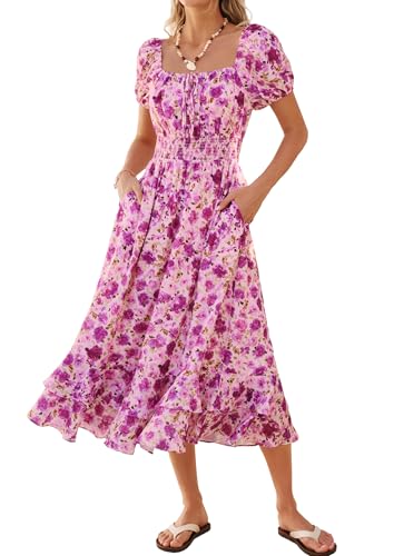 Womens Summer Dress 2026, Square Neck Smocked Maxi Dress, Floral Long Sun Dresses for Women 2026 Vacation Wedding Guest Dress