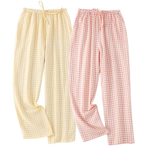 Image of STMAHER 2 Pack Women's Cotton Pajama Bottoms Lightweight Sleep & Lounge Pants Plaid Sleepwear Long Pj Pants