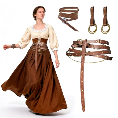 RoserRose Mittelalter Gürtel Damen mit Kette, Mittelalterlicher Kunstleder-Metallkettengürtel, Verstellbarer Mittelalter Accessoires Damen, inkl....
