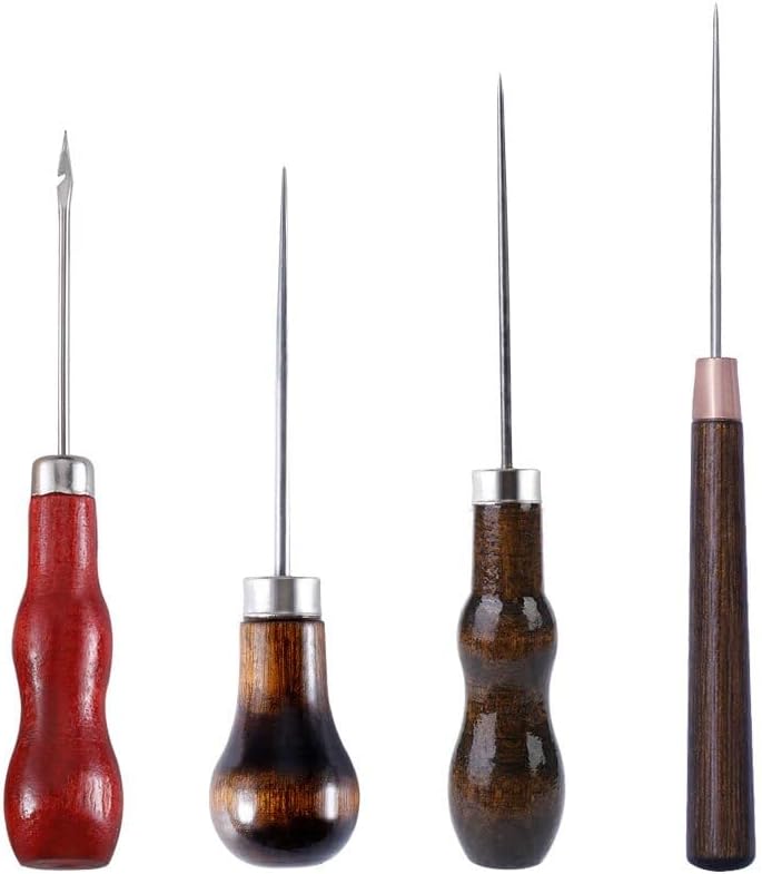 4PCS Wooden Handle Sewing Awl Scratch Awl Tool Pin Punching for Leather Pouch Hole DIY Handmade Stitcher Shoe Repair Tools