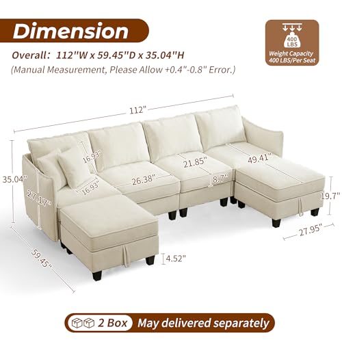 WorthFurni 112" Modular Sectional Sofa U Shape Couches with Storage Ottoman and Washable Cushion Cover for Living Room, Bedroom, Apartment(Beige) - image 2