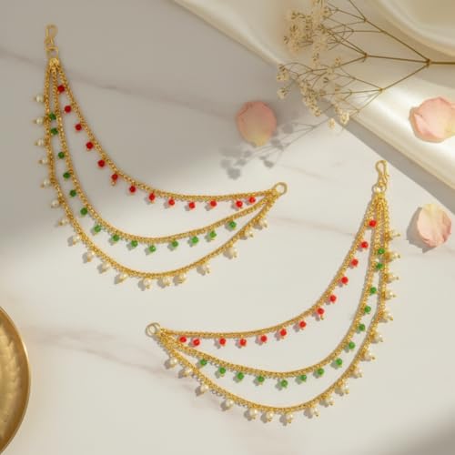 Image of Traditional Gold Plated Alloy Ear Chain Pair with Kundan & Pearl Dangling Design | 3 Layer Bridal Ear Chain for Women