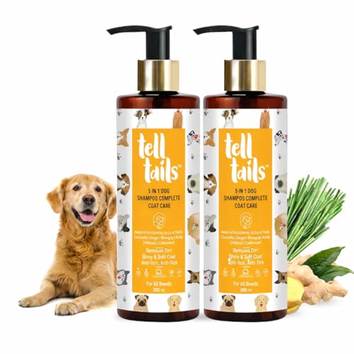 Image of Tell Tails 5-in-1 Organic Dog Shampoo - Pack of 2 (500ml) - Flea, Tick & Odor Removal - Moisturizes, Heals & Shine - Anti-fungal & Anti-bacterial - Citronella, Ginger, Bhringraj & Amla -For All Breeds