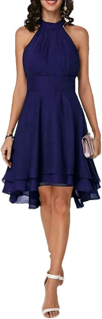 DbdkejjWomens Summer High Waist Sexy Short Layered Halter Dress Casual Sleeveless Chiffon Party Dress