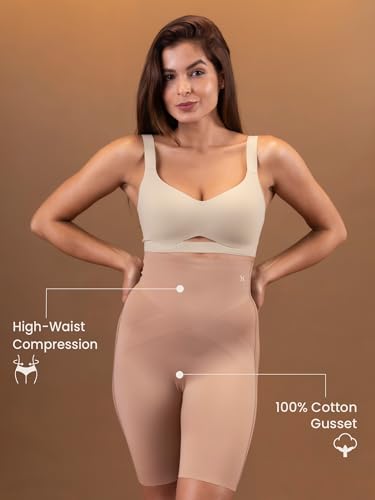 Image of Krvvy High Waist Seamless Mid-Thigh Shapewear Shorts for Women | Tummy Control Shaper for Belly Fat, Anti-Chafing, Invisible Under Dresses