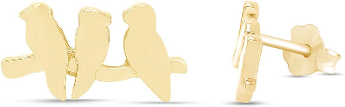 Tiny Lovely Three Birds Line Post Stud Earrings For Women In 14K Gold Plated Sterling Silver With Push Back Plain Jewelry