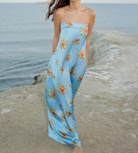 Image of Women Floral Print Maxi Tube Dress Strapless Flowy Long Bandeau Dress Y2K Open Back Sundress Summer Beachwear
