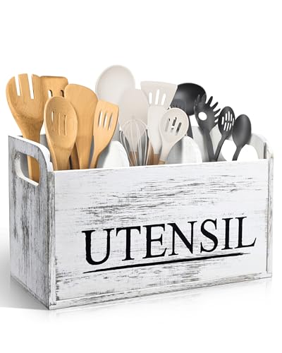 brekle White Kitchen Utensil Holder Rustic Large Wooden...
