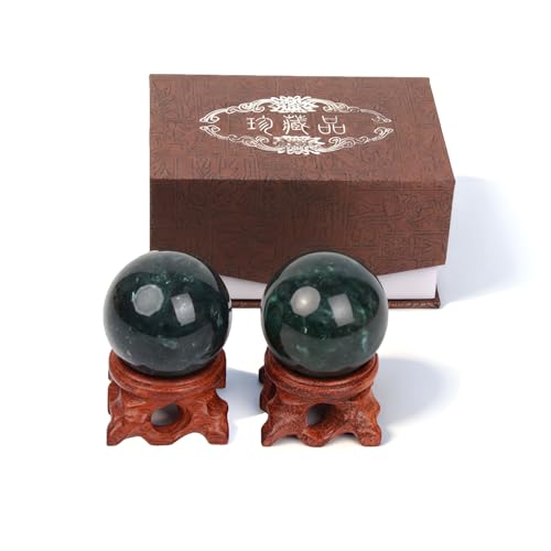GMYIAK Lot de 2 boules de massage en marbre naturel de 4,3 cm - Pour massage des mains, méditation, soulagement du stress (vert foncé avec jeu de socle) (B)