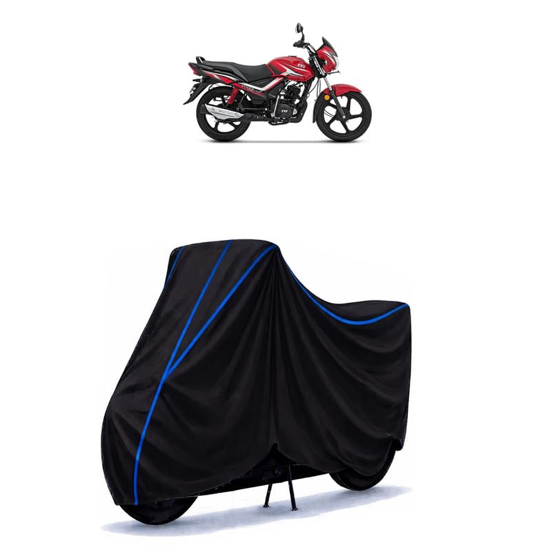 Image of TVS Star City Plus ES Disc Bike Cover Water Resistant Universal Motorcycle Rain | Heavy Duty UV Protection, Dust, Scratch Indoor Outdoor All Weather with Black Blue Piping Elastic