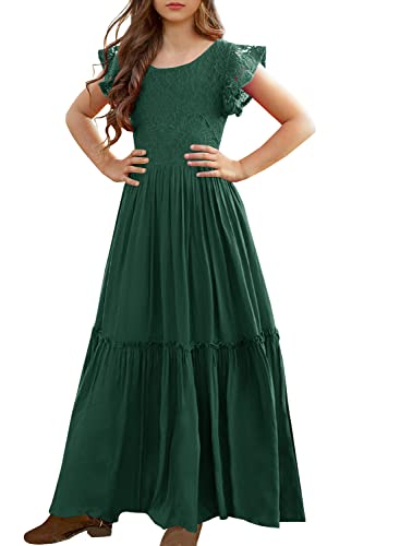 Image of MITILLY Girls Lace Flower Wedding Guest Long Maxi Dress for 6-12 Years | Girls Boho Dress, Girls' Special Occasion Dresses, Wedding Party, Size 6-12 Years, Ruffle Sleeve, A Line, With Pockets