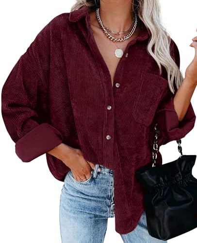 QIXING Damen Cord Hemdjacke Oversized Button Down Corduroy Dünne Jacke mit V-Ausschnitt Langarm Bluse Casual Musselin Bluse mit Tasche (Weinrot, XXL)