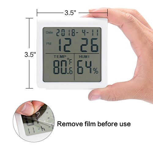 AE Life Temperature Humidity Gauge, Indoor Thermometer Hygrometer with Digital Alarm Clock, Backlit Accurate Monitor Clear Reading, Min/Max Records, °C/°F Switch, Calendar, Time Display - White