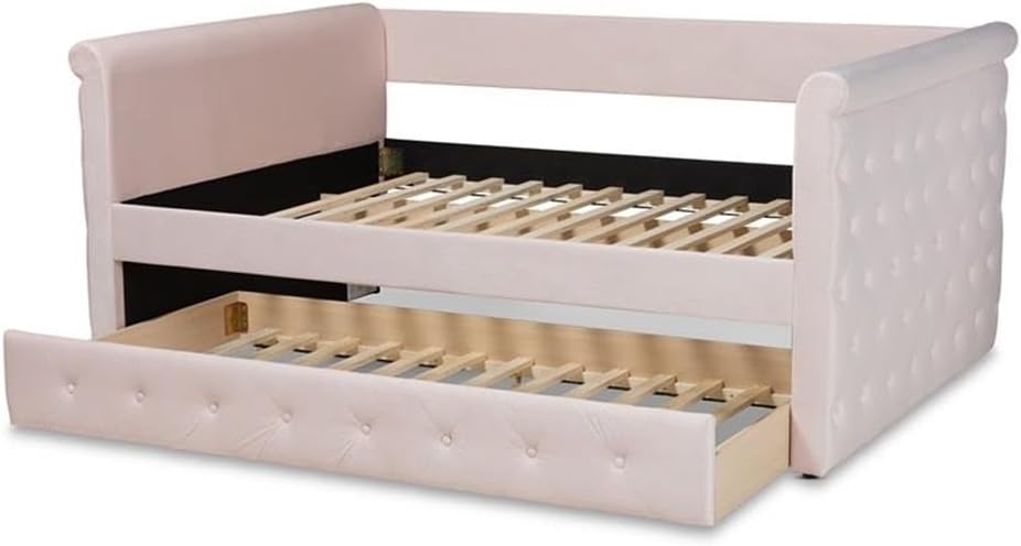 BOWERY HILL Mid-Century Velvet Full Daybed with Trundle, Light Pink Upholstered Finish, Engineered Wood, Scrolled Arms and Button Tufting, Modern Bedroom Furniture, 86 in Wide