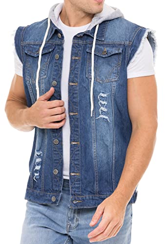 Skylinewears Men's Hooded Denim Biker Vest Classic Sleeveless Trucker Jacket with Stretchy Distressed Jean & Comfort Hood4