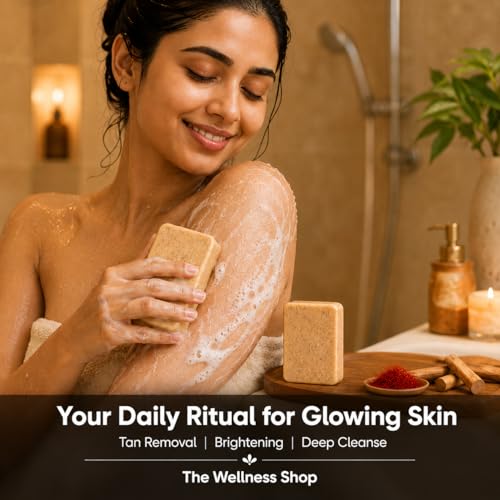Image of The Wellness Shop Sandalwood Saffron Detan Soap | Dark Spot, Tan Removal Skin Brightening, Exfoliating Soap | Chandan Kesar Handmade Bathing Bar | Paraben Free | Face Body Soap for Men Women| Pack of 1