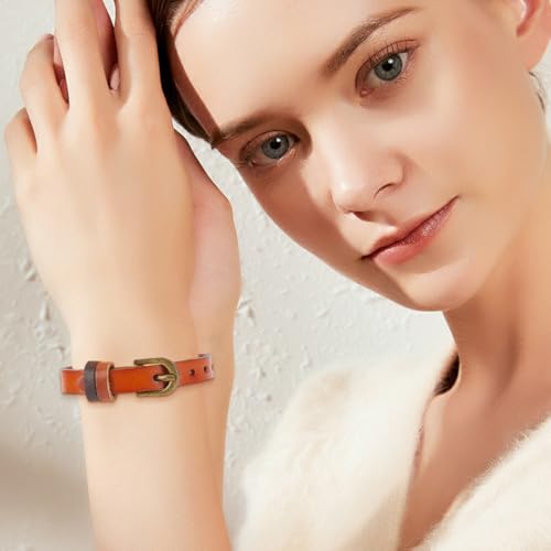 Pulsera sencilla de cuero genuino ajustable con hebilla de aleación miniatura 5
