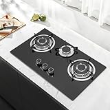 Hornillo de gas empotrable de cristal con 3 quemadores de fuego, cocina de gas para placas LPG/NG, incluye soporte para olla, marco esmaltado y cabezal de horno de aluminio, color negro