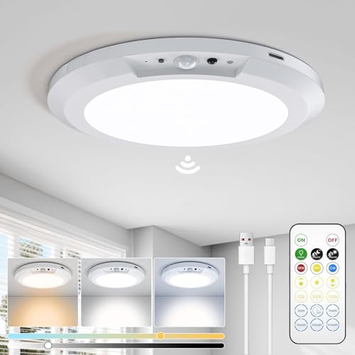 Rechargeable LED Ceiling Light, 10000mAh Battery Operated Bathroom Light with Remote 3 Colour Temperatures, Motion Sensor, Magnetic Mount, Wireless Indoor Ceiling Lamp for Garage Hallway Shed Stair