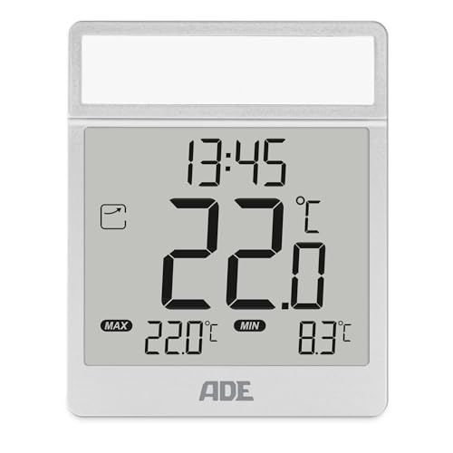 ADE Digitales Fensterthermometer außen | selbstklebend | Außenthermometer wetterfest IPX4 | mit Uhrzeit | speichert MIN und MAX Temperatur | silber