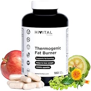 Thermogène Brûle Graisse. 180 gélules végétaliennes pour 2 mois de traitement. Avec L-Carnitine, CLA, Café Vert, Garcinia Cambogia, Glucomannan, Vinaigre de Pomme et Poivre Noir. Par HIVITAL