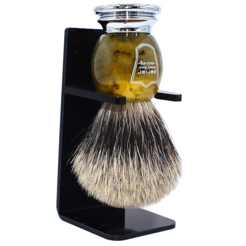Image of Parker 3-Band Pure Badger Shaving Brush with Faux Horn & Chrome Handle + Stand | 22mm Soft Knot for Dense Lather | Handcrafted Wet Shaving Brush for Cream or Soap | Long Loft