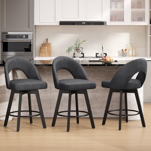 Image of YaFiti Swivel Bar Stools Set of 4, 24 inch Counter Height Bar Chairs with Ergonomic Curved Back, Faux Leather Upholstery & Solid Wood Legs for Kitchen Island, Charcoal Grey