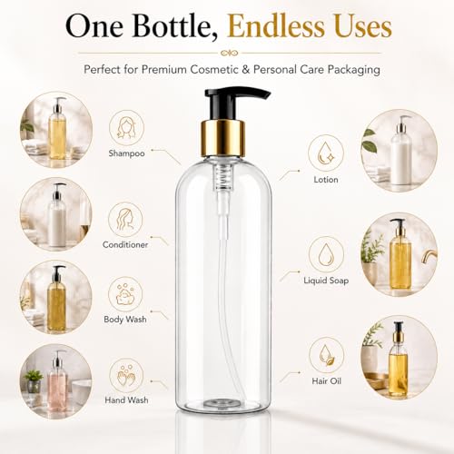 Image of Prakash Empty Plastic Pump Bottles Dispenser 500ml Portable Shampoo Lotion Hand Bottle (Transparent Golden Pump 500ML, Pack of 6)
