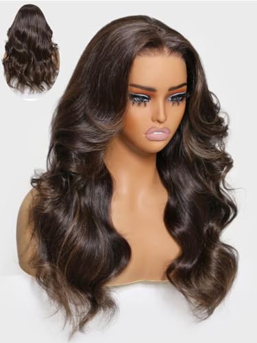 Image of Beauty Forever Pre Everything Glueless Front Espresso Brown With Highlights Body Wave Glueless Wigs Human Hair Pre Plucked Pre Cut 13x4 Loose Wave Bye Bye Knots Ready to Wear Wig 150% Density 24inch