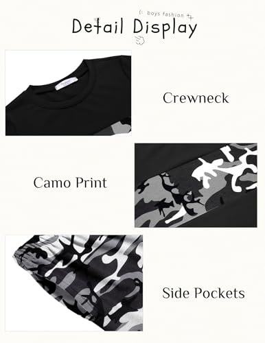 Image of Arshiner Boys' 2-Piece Cotton Outfit Color Block T-Shirt and Shorts Set Summer Camo Clothes for Kids 5-14 Years